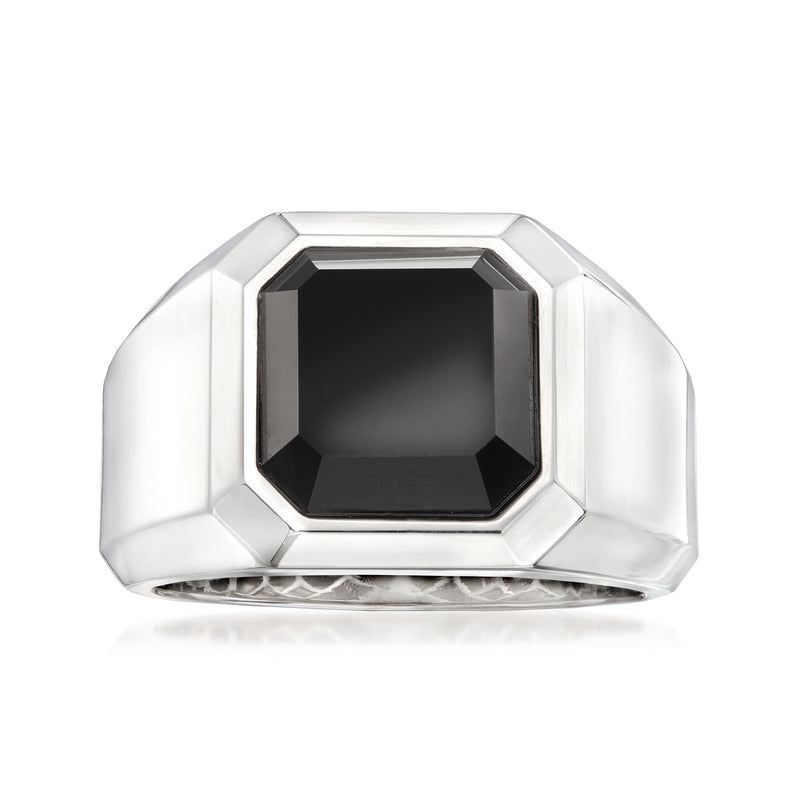 Men's sterling silver onyx ring with square black gemstone, faceted bezel