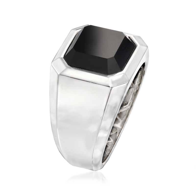 Men's sterling silver onyx ring, square black stone in raised bezel, side profile
