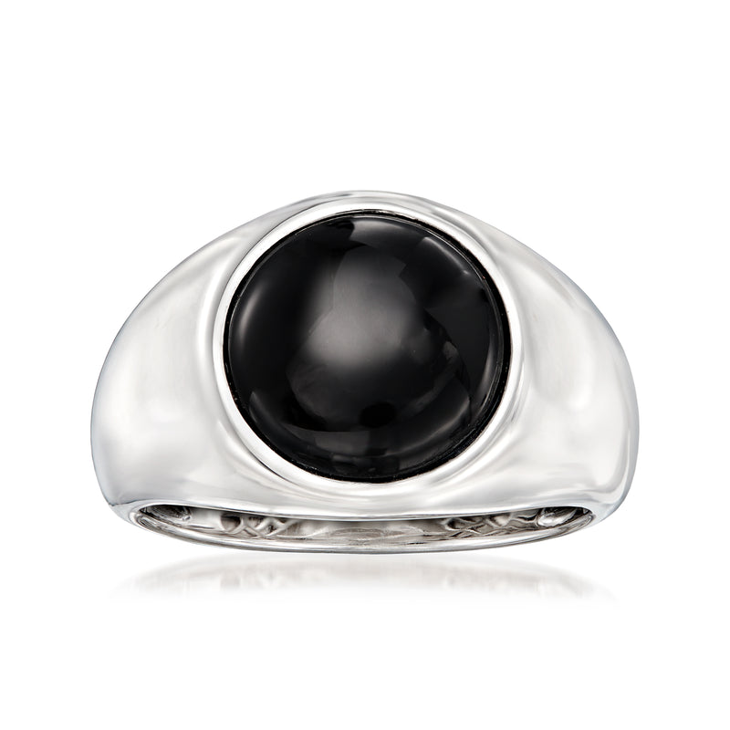 Sterling silver signet ring with round black onyx stone set in a polished bezel