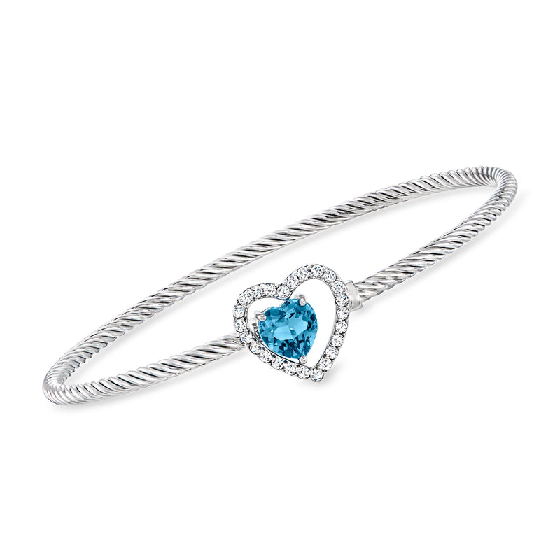 Sterling silver bangle bracelet with heart London blue topaz and white topaz halo