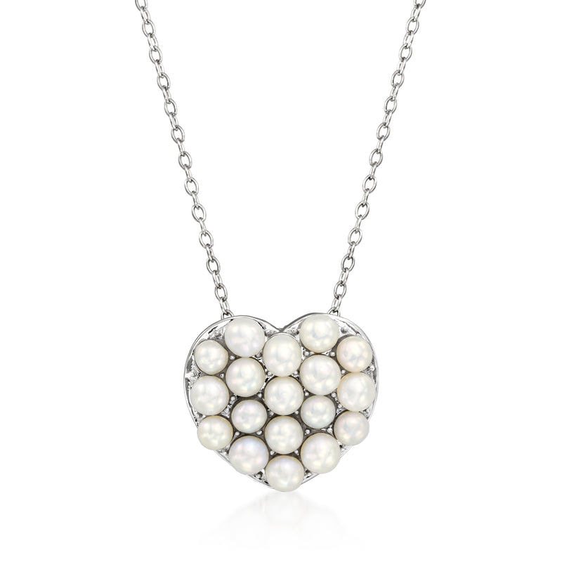 Sterling silver necklace with clustered white button pearls heart pendant