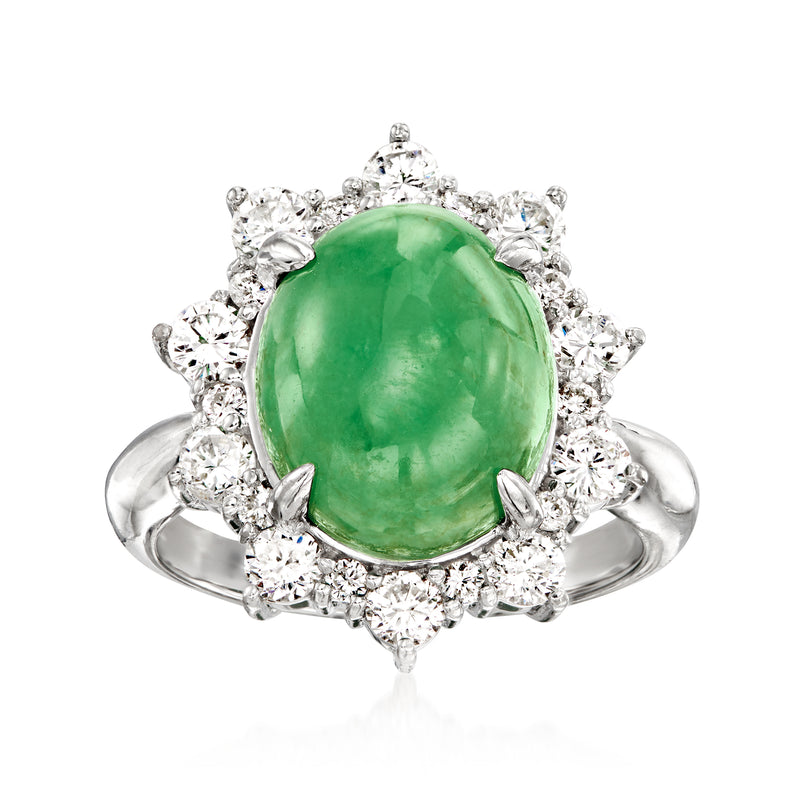 Platinum ring with large green jade oval center and round diamond halo, prong-set