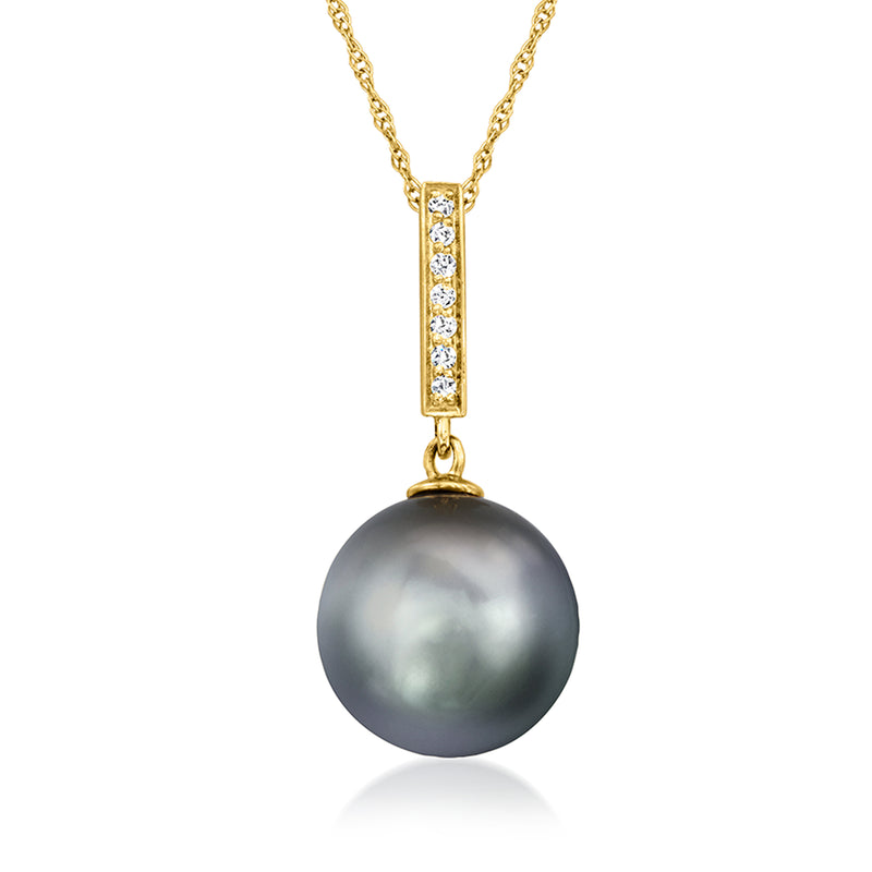 14kt yellow gold pendant necklace with large dark round pearl and diamond-accent frame