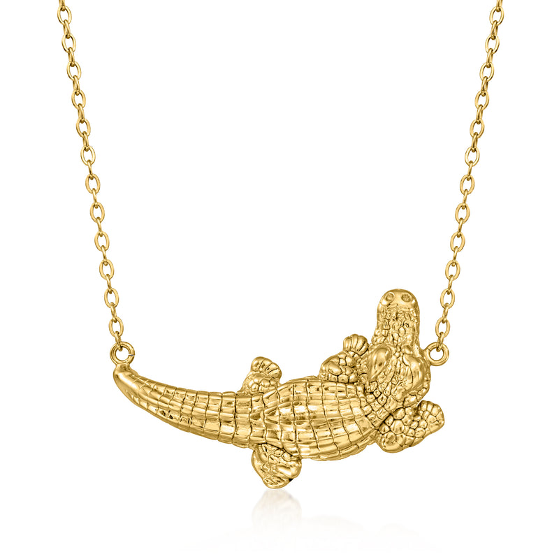 Gold-tone alligator pendant necklace with linked chain, textured reptile design
