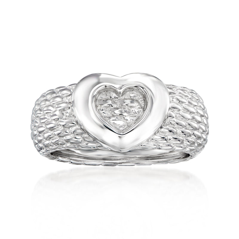 Sterling silver heart cutout ring with braided band and polished heart center