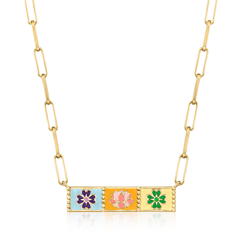 Enamel floral patchwork link necklace with multicolor flower bars and gold-tone chain
