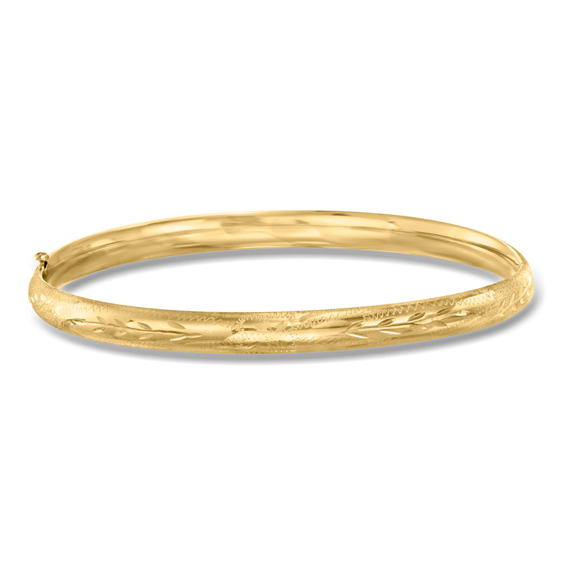 14kt yellow gold leaf-pattern bangle bracelet with engraved leaf texture