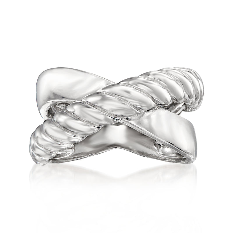 Sterling silver roped crisscross ring with braided band detail, polished shine