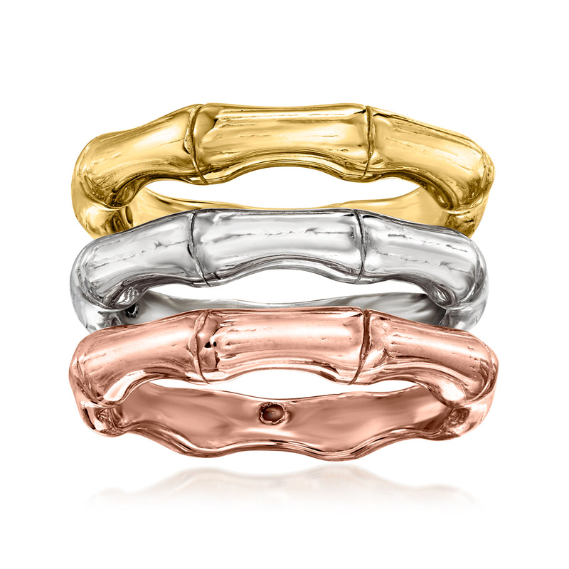 Three bamboo-style sterling silver rings in gold, silver, and rose tones, stacked