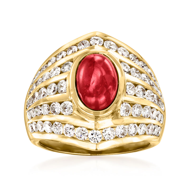 Vintage oval ruby and diamond cocktail ring in 18kt yellow gold with pave accents