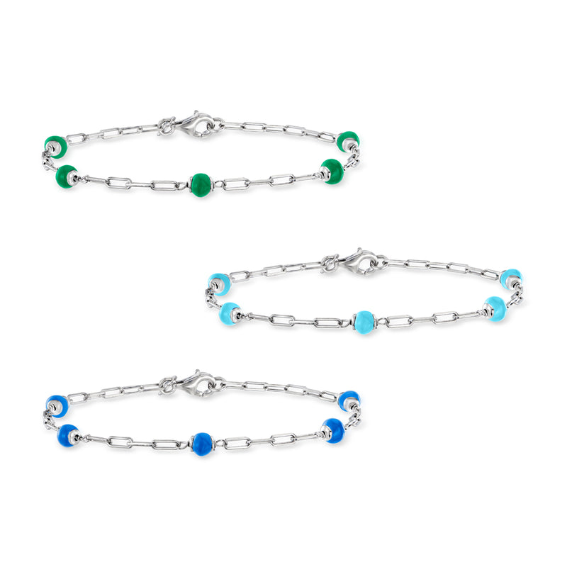 Sterling silver enamel link bracelets set: three paper-clip styles with green and blue beads