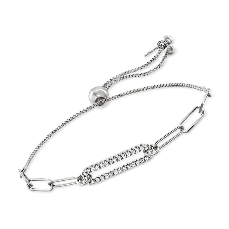 Sterling silver paper clip link bolo bracelet with rhinestone CZ bar accents