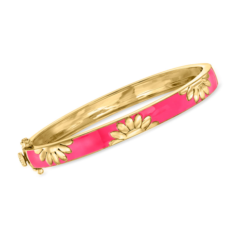Gold over sterling bangle with pink enamel and floral motifs, hinged clasp