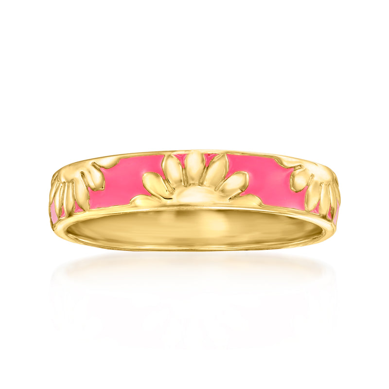 Enamel floral ring in pink with gold over sterling band, 18kt finish