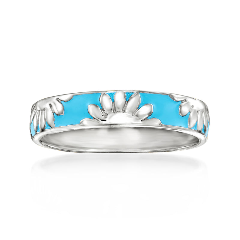 Sterling silver ring with turquoise enamel floral motif on a curved band