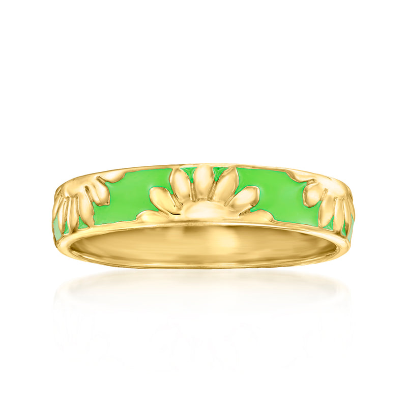 Green enamel floral ring with gold-tone band, smooth bezel top, gold-over-sterling look