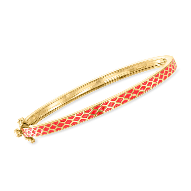 Red enamel geometric bangle bracelet with 18kt gold over sterling finish.