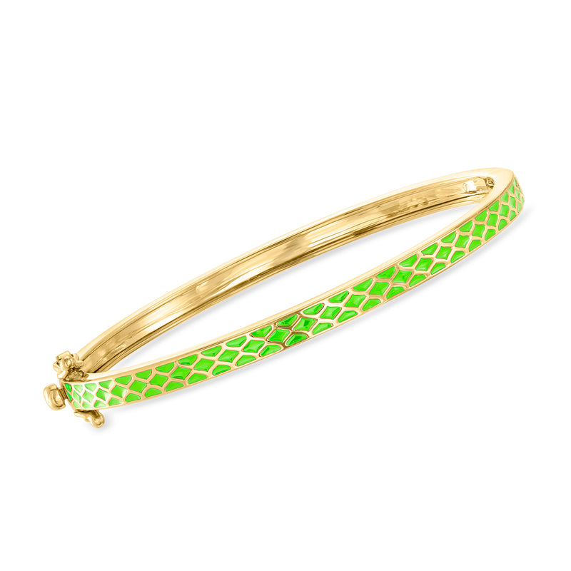 Green enamel geometric bangle bracelet with 18kt gold over sterling finish, hinged style
