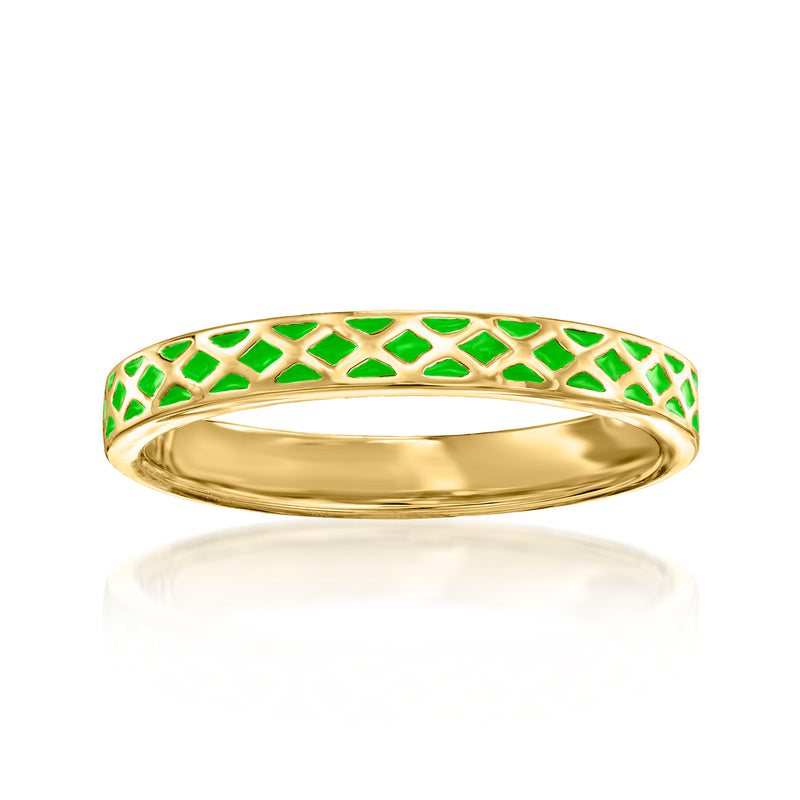 Gold-tone geometric enamel ring with green lattice pattern across the band