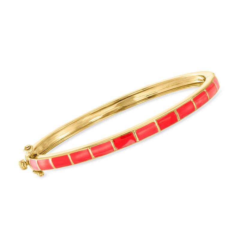 Red enamel striped bangle bracelet with gold-tone hinged clasp, gold over sterling