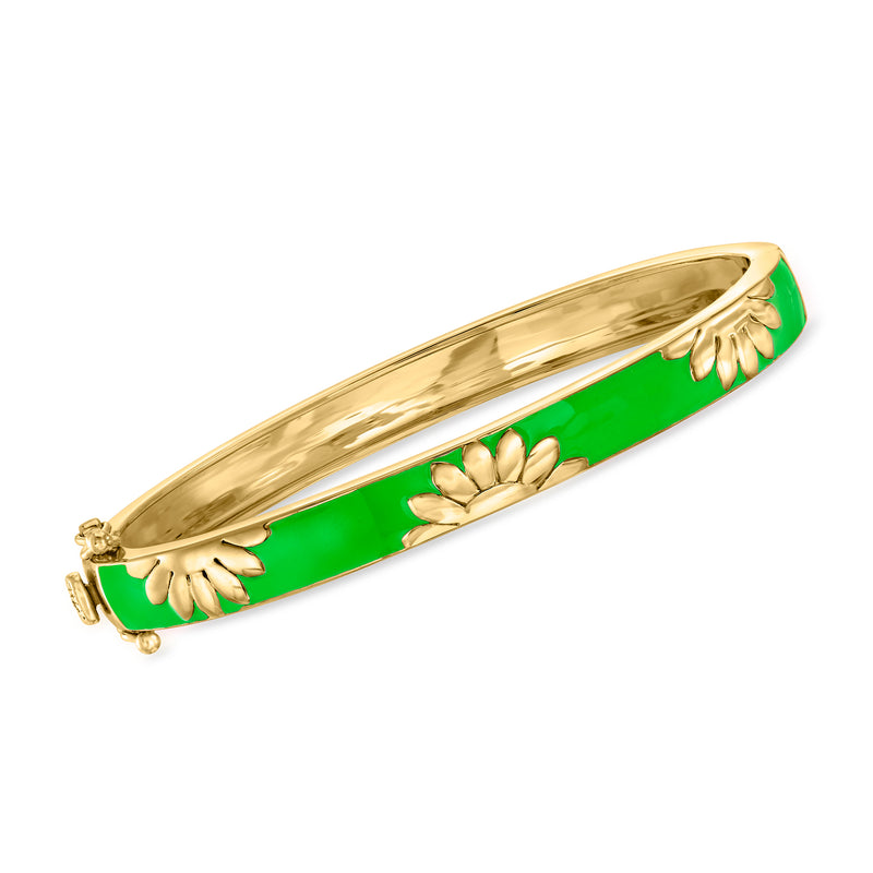 Green enamel floral bangle bracelet with gold-tone accents, hinged open cuff