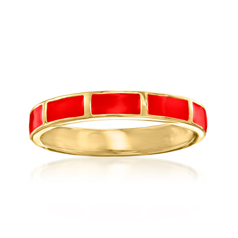 Gold over sterling enamel ring with red striped band and rounded profile