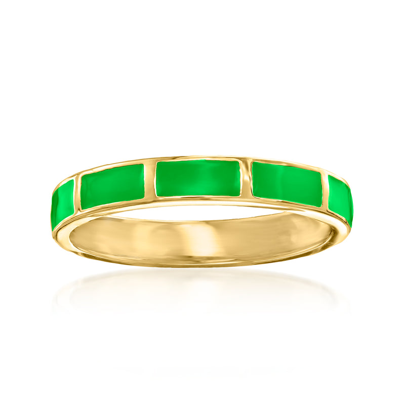Gold ring with green enamel striped rectangular bands on polished band