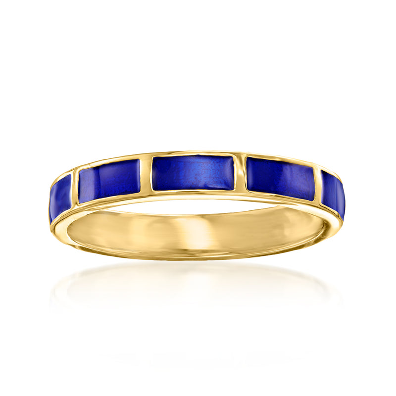 Gold-tone enamel ring with blue rectangular enamel inlay