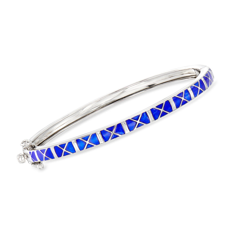 Sterling silver bangle bracelet with blue enamel X lattice inlay