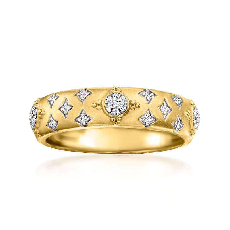 Star-pattern diamond ring in 18k gold over sterling, round center stone, small accents