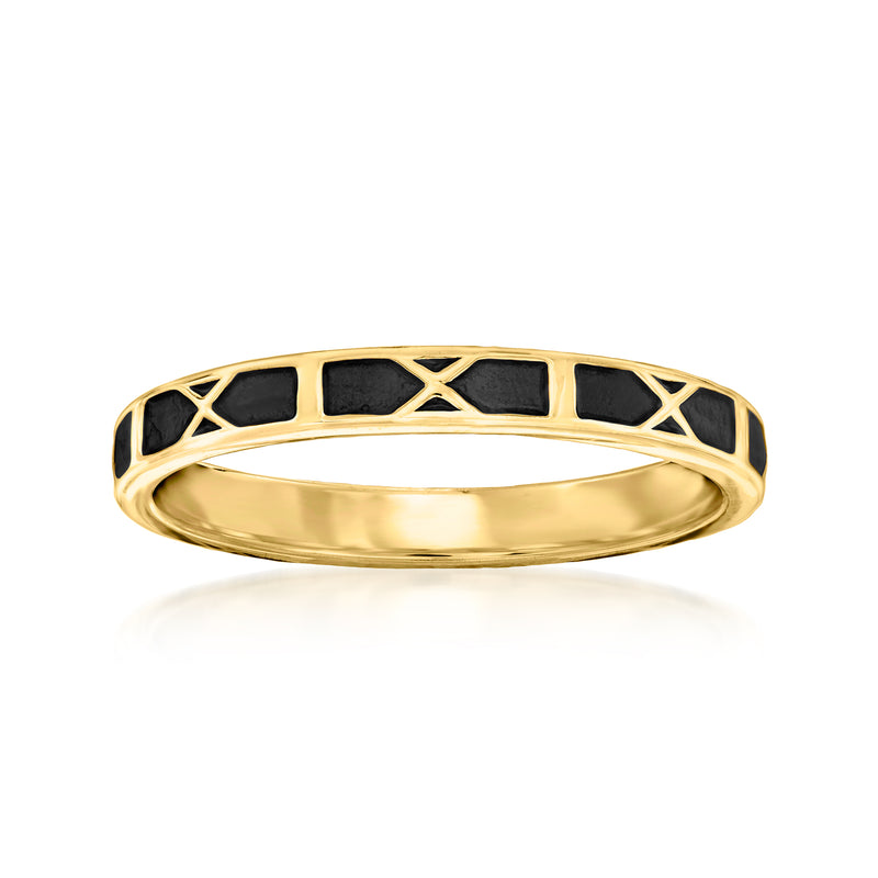 Black enamel X-pattern ring with 18kt gold over sterling, gold-tone band.