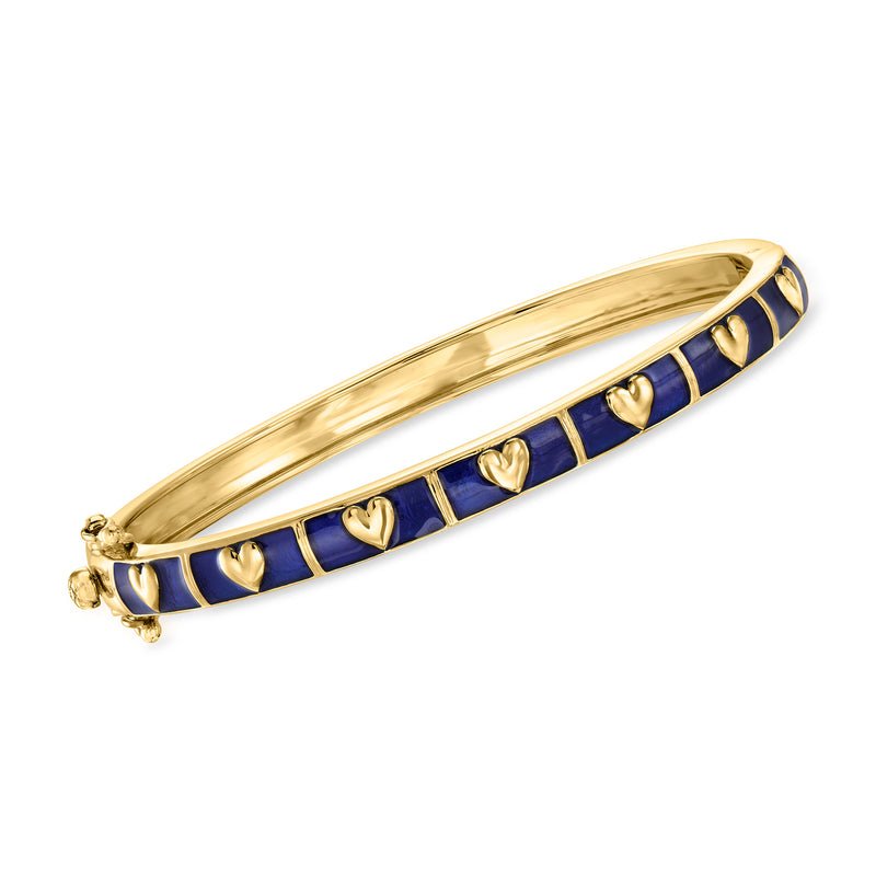 Gold over sterling bangle bracelet with blue enamel and heart accents