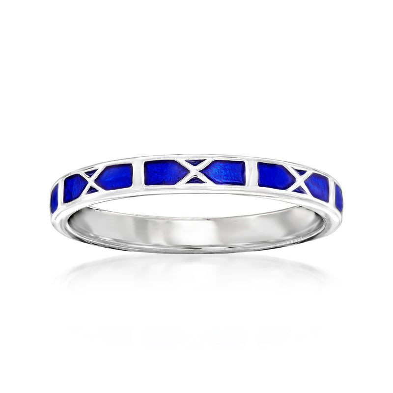 Sterling silver ring with blue enamel X-pattern panels and X accents