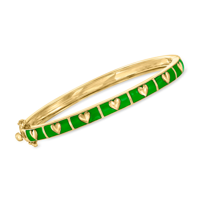 Green enamel heart bangle bracelet with small gold heart accents and hinged clasp