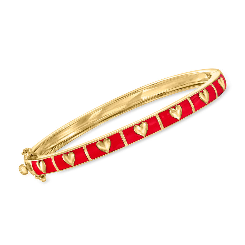 18kt gold over sterling heart bangle bracelet with red enamel and small gold hearts