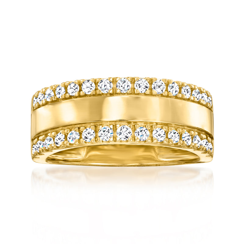 18kt yellow gold diamond ring with pave diamonds on top and bottom edges