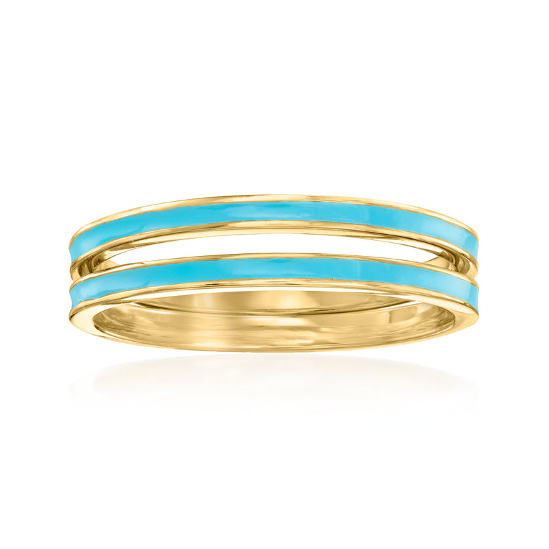 Two gold-tone rings with turquoise enamel bands, stacked look