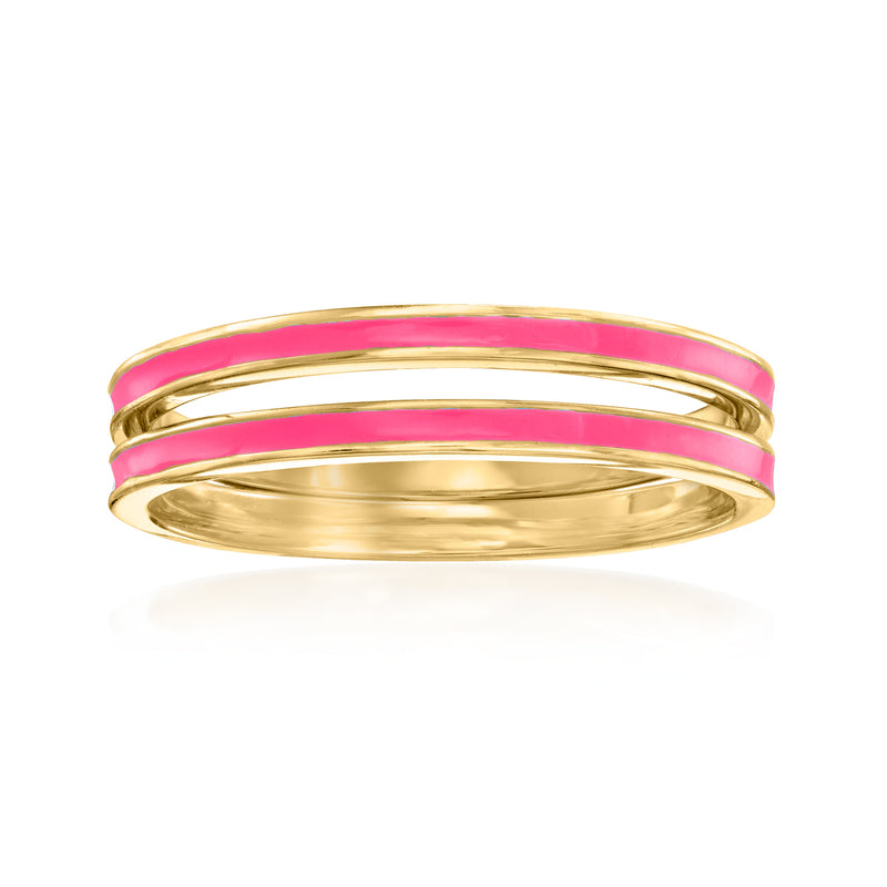 Set of two gold-tone enamel rings with wide pink stripe bands