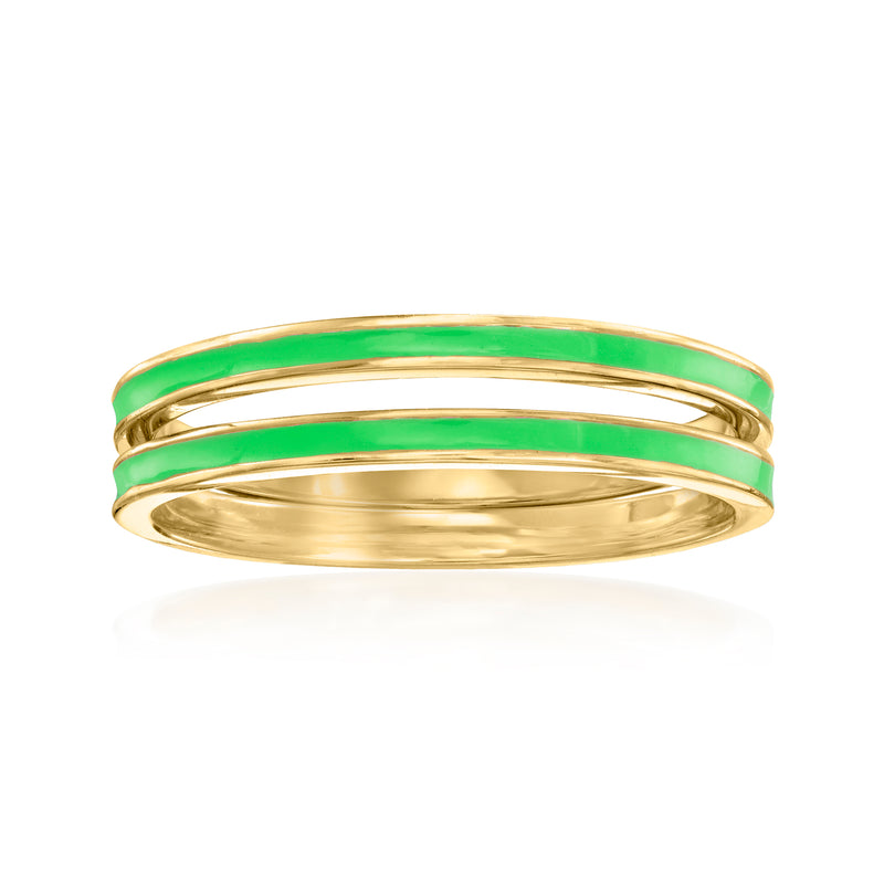 Two gold-tone rings with green enamel bands, stackable style