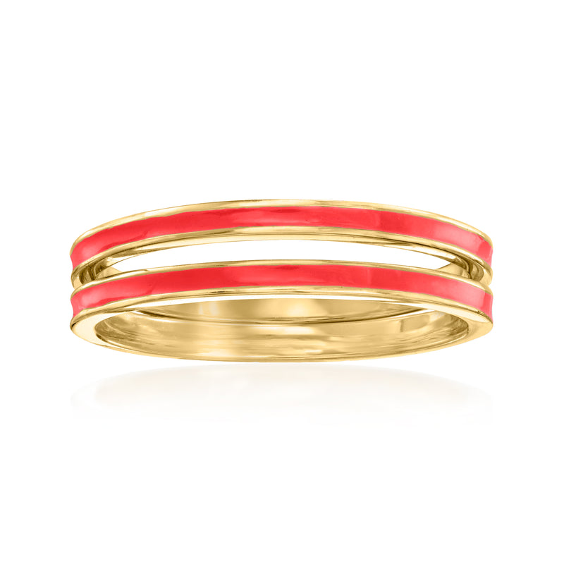 Two red enamel stack rings with gold-tone band