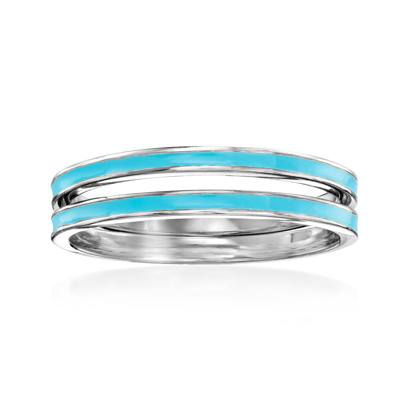 Sterling silver ring set with turquoise enamel bands, two stacked rings