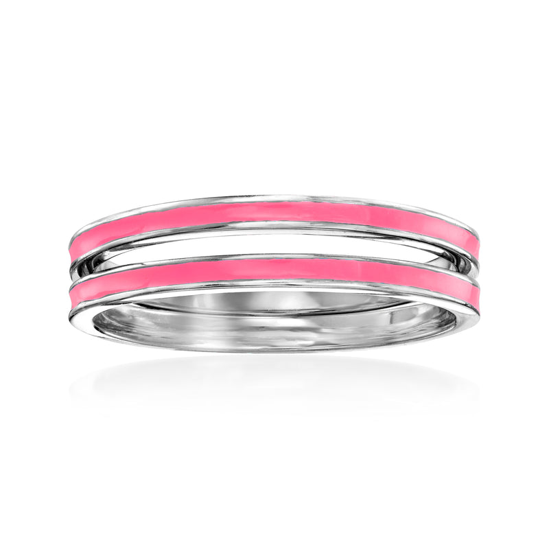 Sterling silver ring set with two pink enamel bands, stacked style