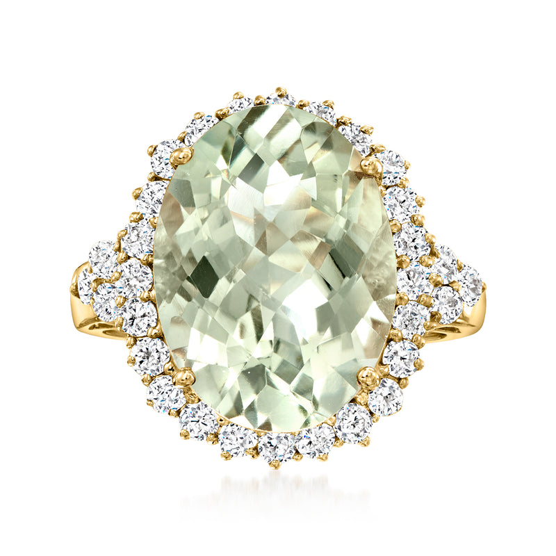 14kt yellow gold prasiolite ring with large oval light-green stone and diamond halo