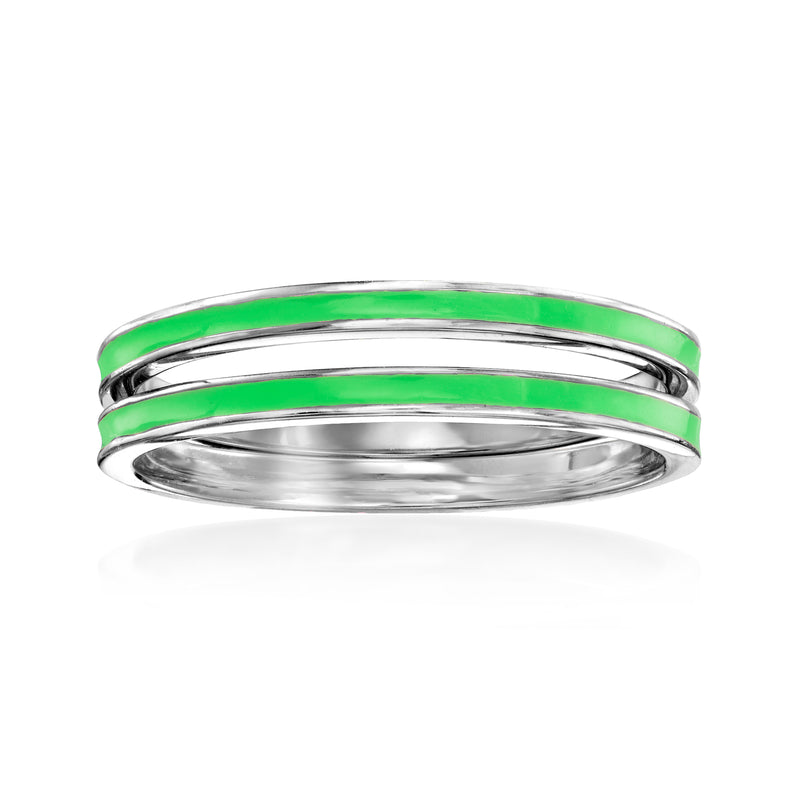 Two sterling silver stacking rings with green enamel bands