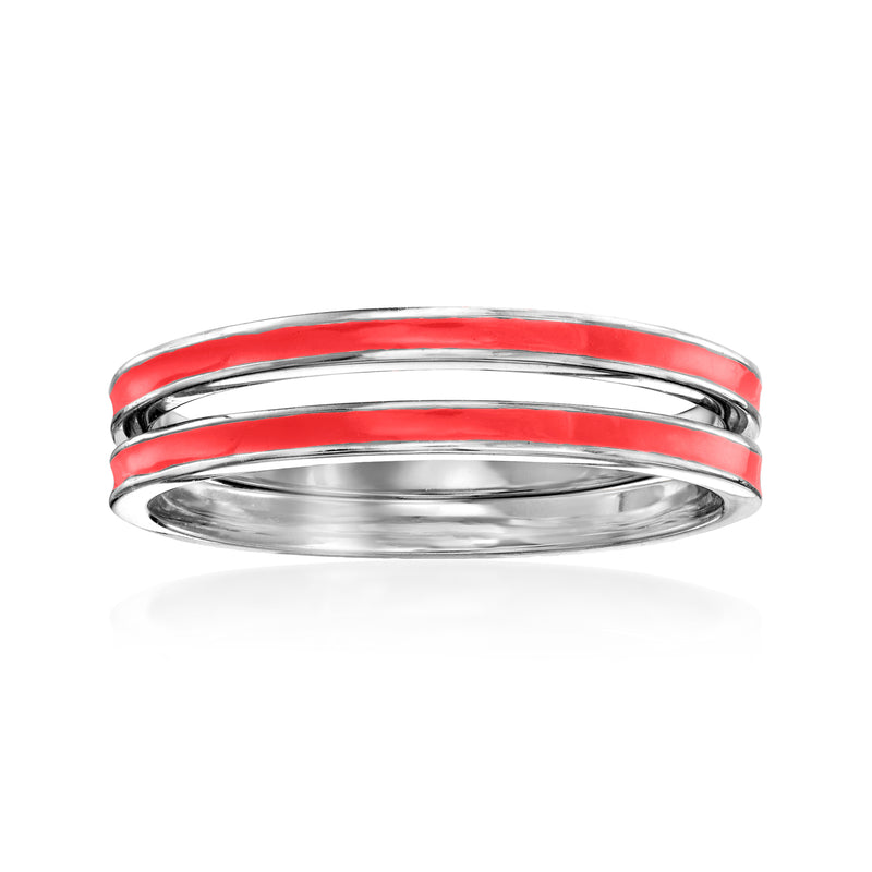 Two sterling silver rings with red enamel stripes