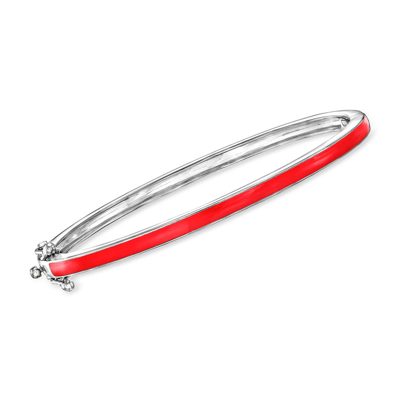 Sterling silver bangle bracelet with red enamel stripe and small clasp details