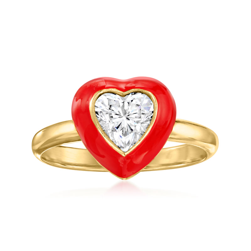 18kt gold over sterling heart ring with red enamel and clear CZ in center