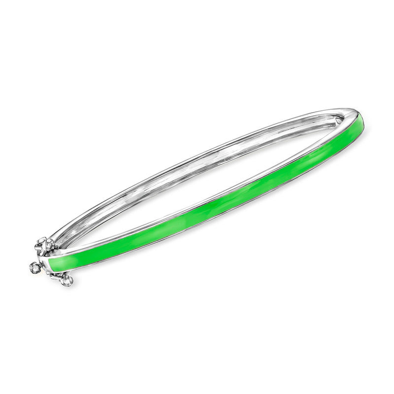 Green enamel bangle bracelet with sterling silver frame and hinged clasp details