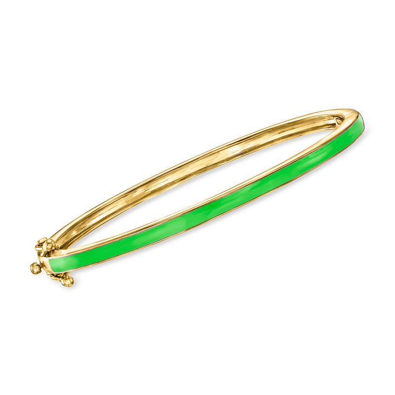 Gold bangle bracelet with green enamel inlay and small end clasp details