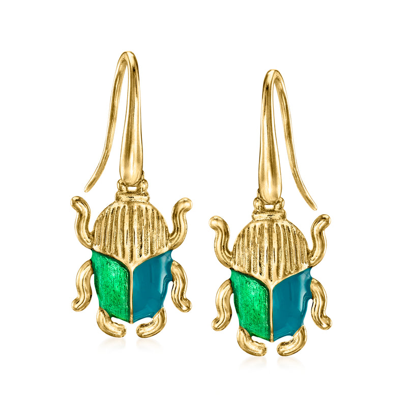 Gold-tone enamel scarab drop earrings with fishhook earwires, green and turquoise enamel